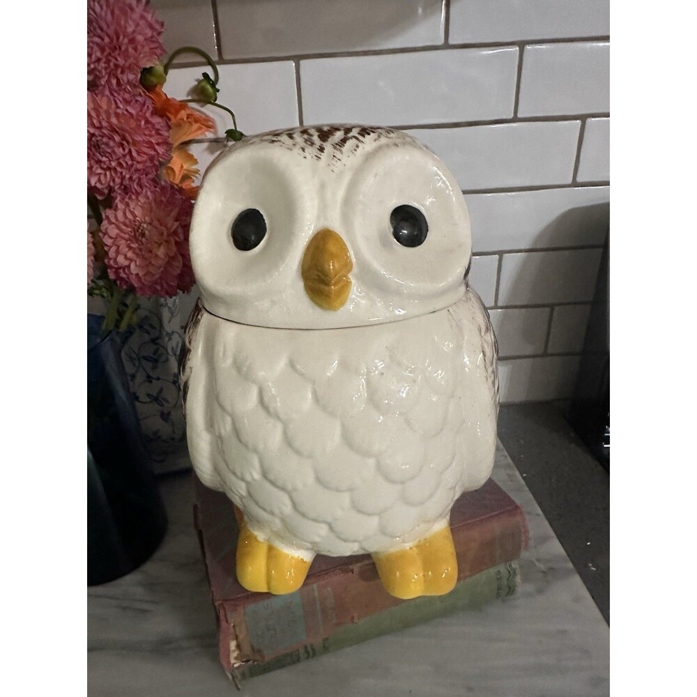 Whimsical Ceramic Owl Cookie Jar Brown White MCM Handpainted Woodsy Cabin Lodge